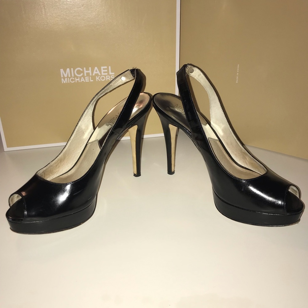 Michael Kors Black Patent Peeptoe Slingback Heels